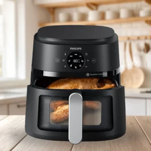 Philips Airfryer NA230/00 avec panier ouvert et poulet rôti