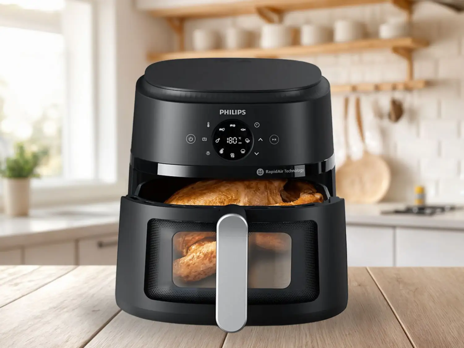 Philips Airfryer NA230/00 avec panier ouvert et poulet rôti