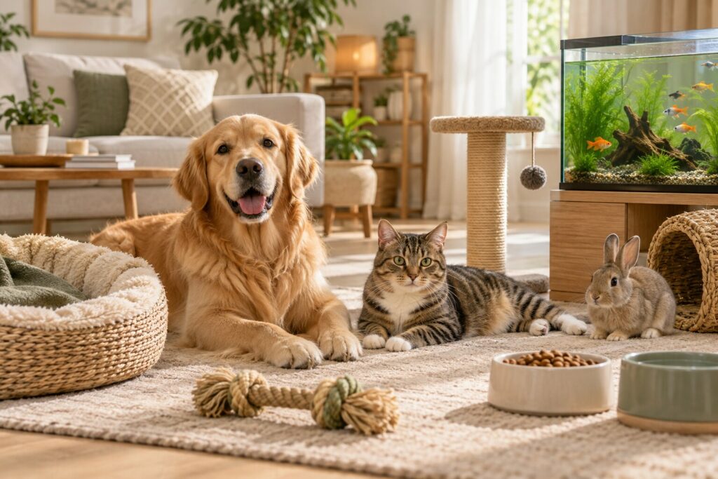 Chien, chat, lapin et aquarium dans un intérieur moderne – Animalerie FRADEVO