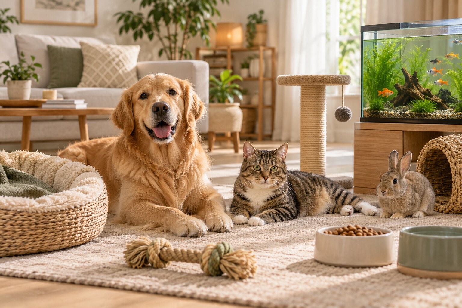 Chien, chat, lapin et aquarium dans un intérieur moderne – Animalerie FRADEVO
