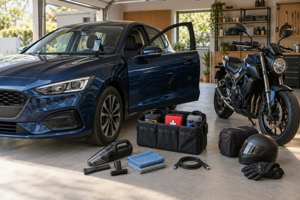 Voiture, moto et accessoires pratiques dans un garage moderne – Auto & Moto FRADEVO