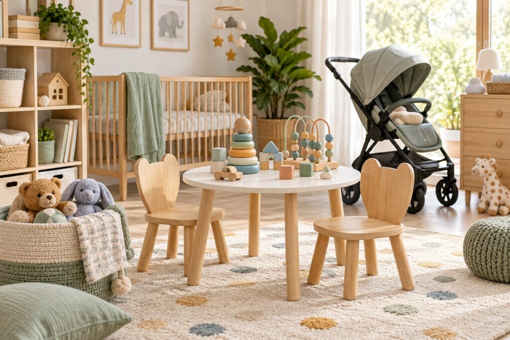 Mobilier, poussette et jouets pour bébés et enfants dans une chambre moderne – FRADEVO